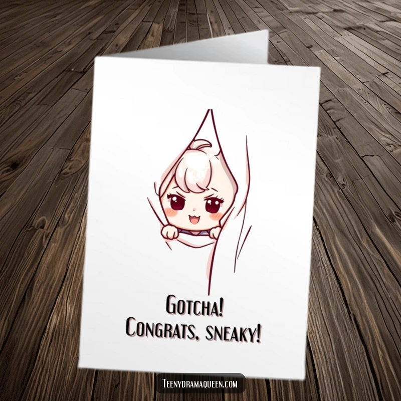 Funny Free Printable Congratulations Card: A character peeks from behind a curtain with a mischievous smirk, hinting at good news. Downloadable art.