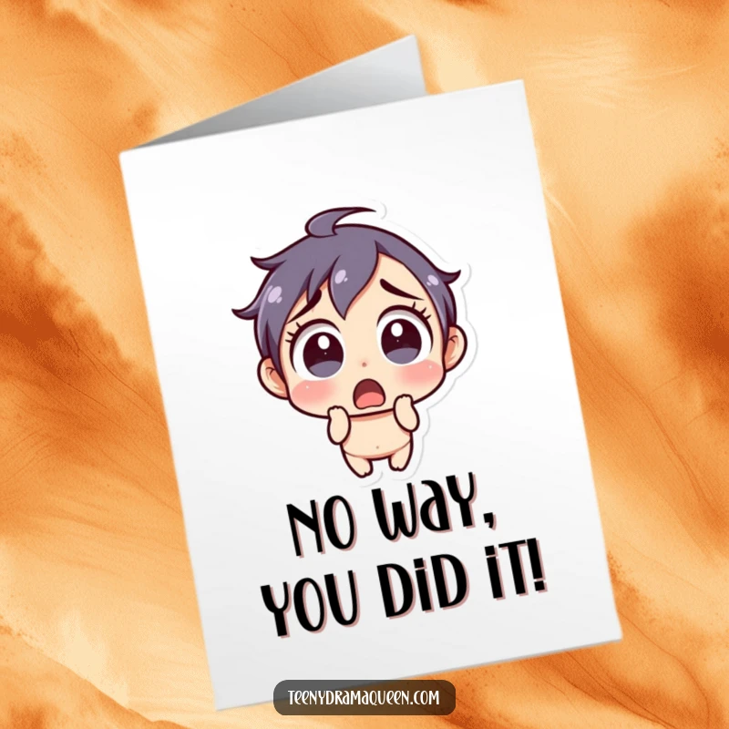 Funny Free Printable Congratulations Card: Character with shocked expression, eyes wide. Downloadable, print at home.