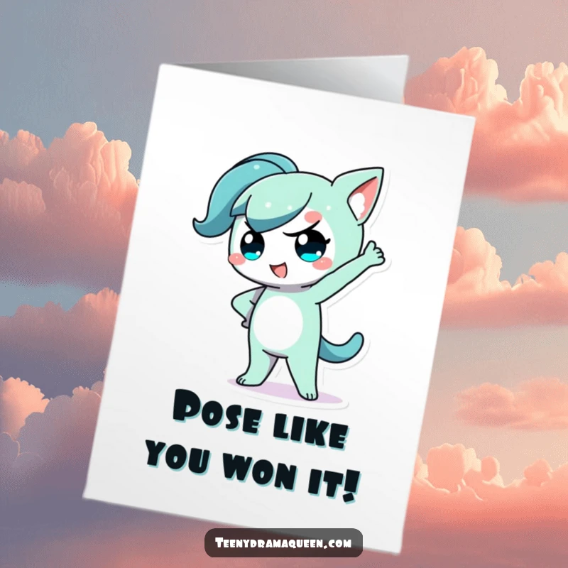 Free Printable Congratulations Card: A sassy kawaii character striking a dramatic pose with one hand on hip, celebrating an achievement.