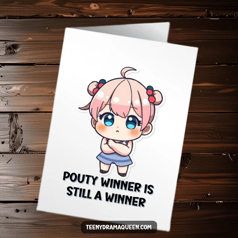 Funny Free Printable Congrats Card: A teeny character with a noticeable pout and arms crossed, expressing mock disapproval or stubbornness.