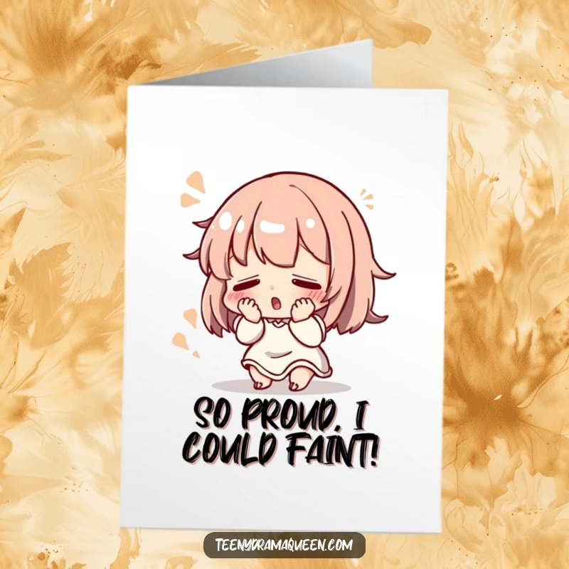 Funny Free Printable Congratulations Card: Character dramatically fainting with a flourish. Downloadable, print at home.