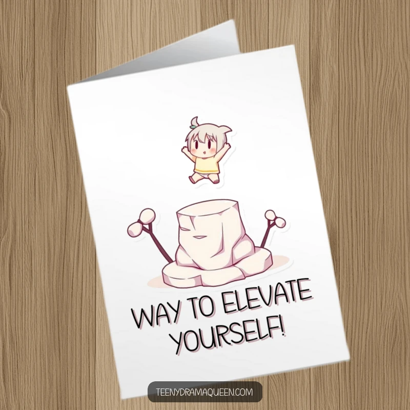 Funny Free Printable Congratulations Card: Small character dramatically leaping onto a tiny platform with a flourish, celebrating a win.