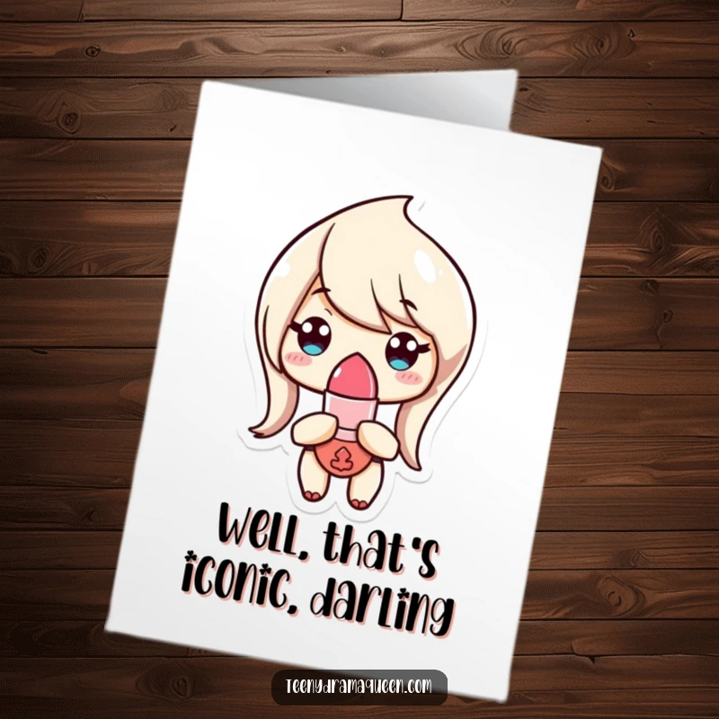 Funny Free Printable Congratulations Card: A sleek lipstick character with a critical expression, judging your accomplishments with flair.