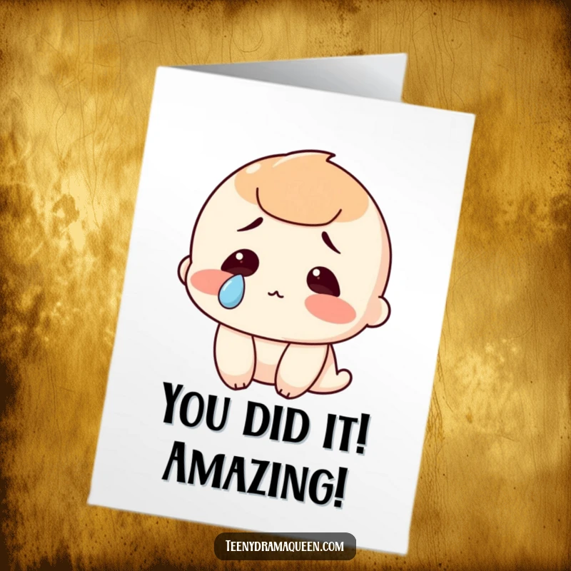Funny Free Printable Congratulations Card: A character with one dramatic tear, celebrating a win with hilarious mock sadness.