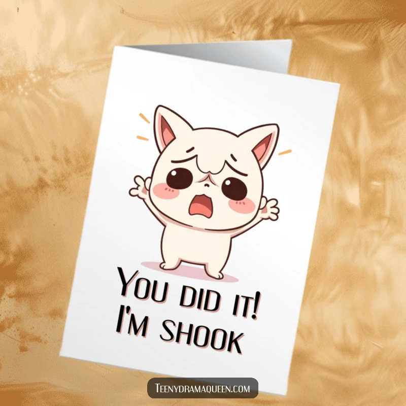 Free Printable Congratulations Card: Exasperated kawaii character flinging arms up in humorous disbelief. Downloadable funny gift.