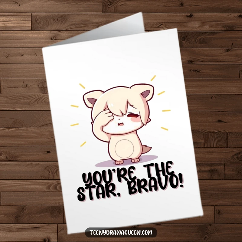 Funny Free Printable Congratulations Card: A little character dramatically shields eyes from an imaginary spotlight, basking in glory.