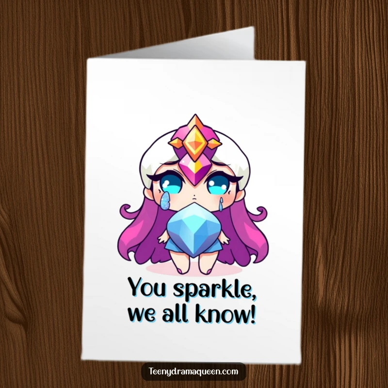 Funny Free Printable Congratulations Card: Dramatic jewel character shedding a glittery tear, overwhelmed with emotion at the recipient's amazing victory.