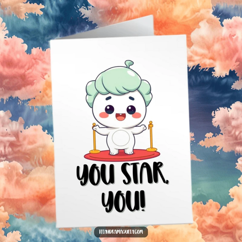 Funny Free Printable Congratulations Card: Giggling character striking a star pose on a red carpet, beaming proudly.