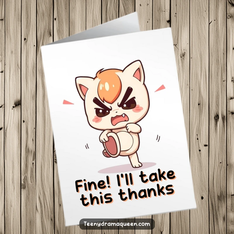 Funny Free Printable Thank You Card: Kawaii character stomping foot in playful, feigned fury. Humorous DIY gift.