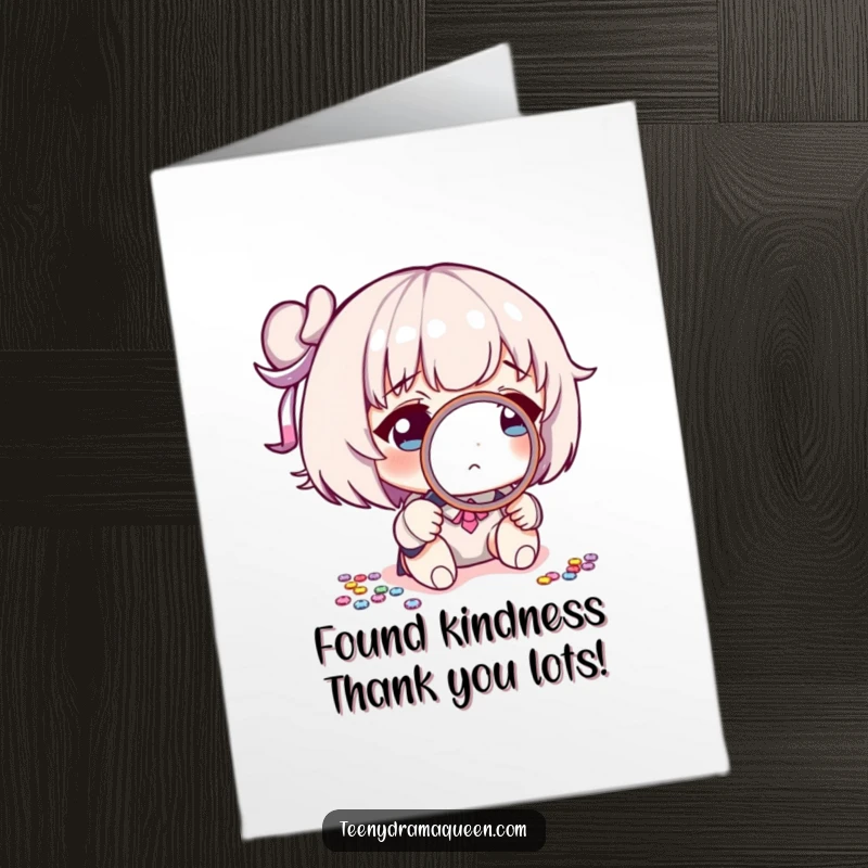 Funny Free Printable Thank You Card: Sequin detective inspecting a thank you note with a magnifying glass, delivering a humorous message.