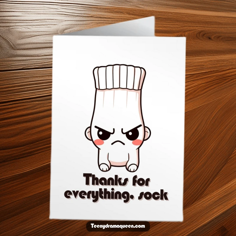 Funny free printable thank you card depicting a tiny, indignant sock with a hole and a stern expression, offering begrudging gratitude.