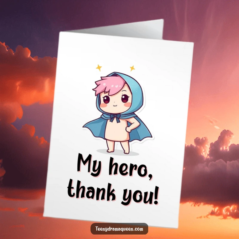 Funny Free Printable Thank You Card: Character proudly puts on a sparkly superhero cape, ready to thank someone for their heroic deed.