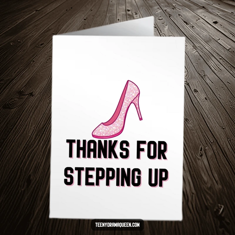Funny Free Printable Thank You Card: Sparkly stiletto shoe performing a grand jeté, conveying graceful thanks.