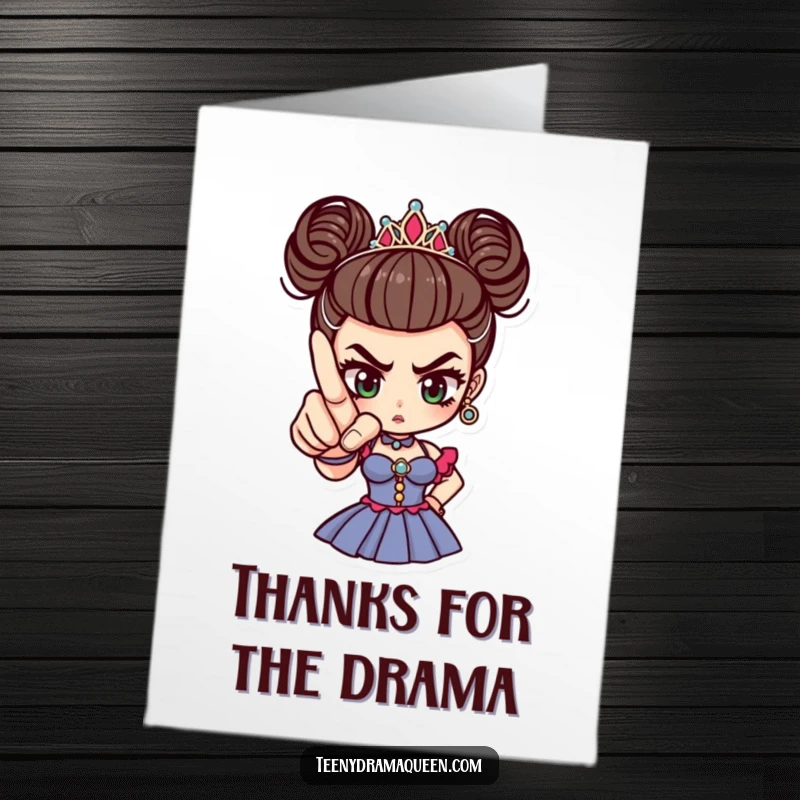 Funny Free Printable Thank You Card: Tiny drama queen pointing accusingly with a perfectly manicured finger, demanding thanks.