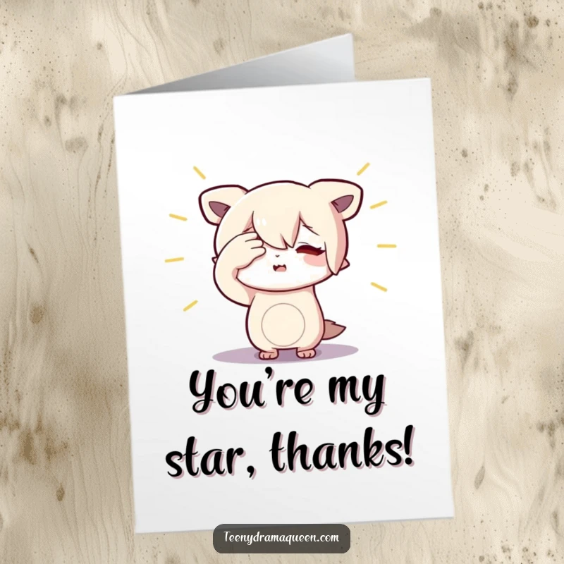 Funny Free Printable Thank You Card: A little character dramatically shielding its eyes from an imaginary spotlight, expressing gratitude.