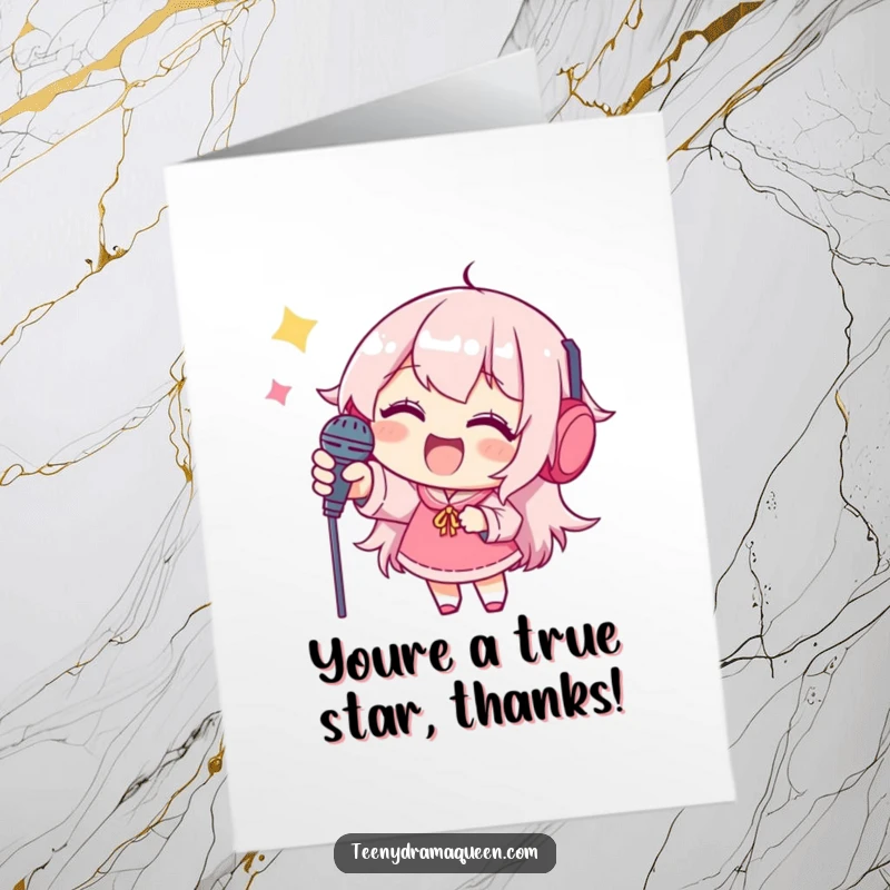 Funny Free Printable Thank You Card: Joyful character holding a microphone, ready to sing thanks.