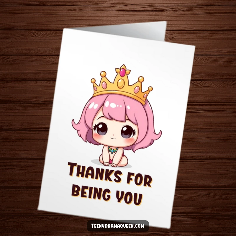 Funny Free Printable Thank You Card: A cute character wearing an oversized tiara, expressing thanks.