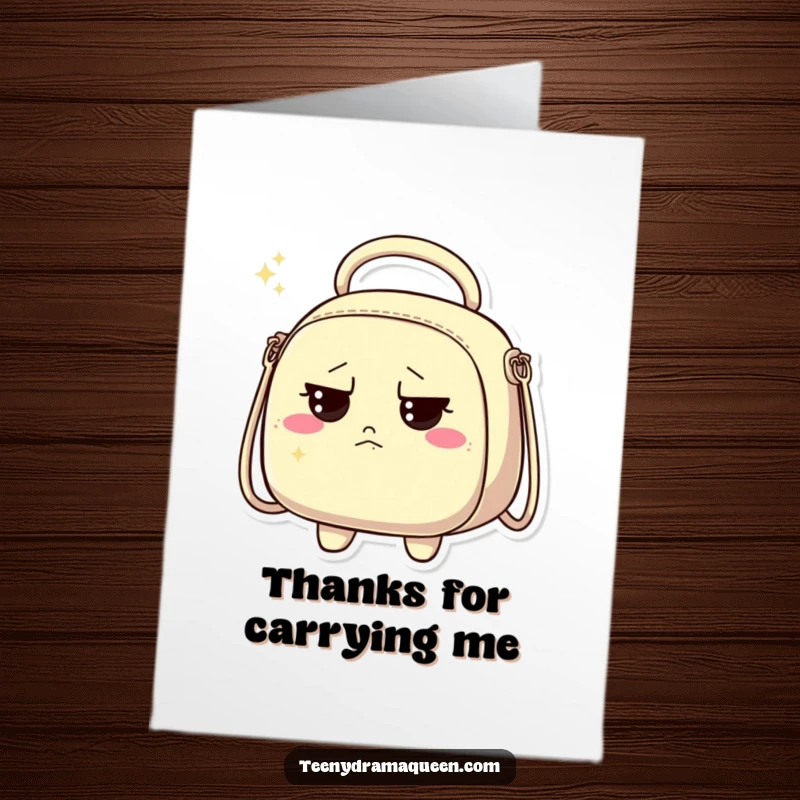 Funny Free Printable Thank You Card: A sparkly handbag character displays a discontented look, sending thanks with a sassy undertone.