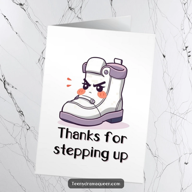 Funny Free Printable Thank You Card: A red cartoon shoe character looking annoyed but still thankful, ready to be printed at home.
