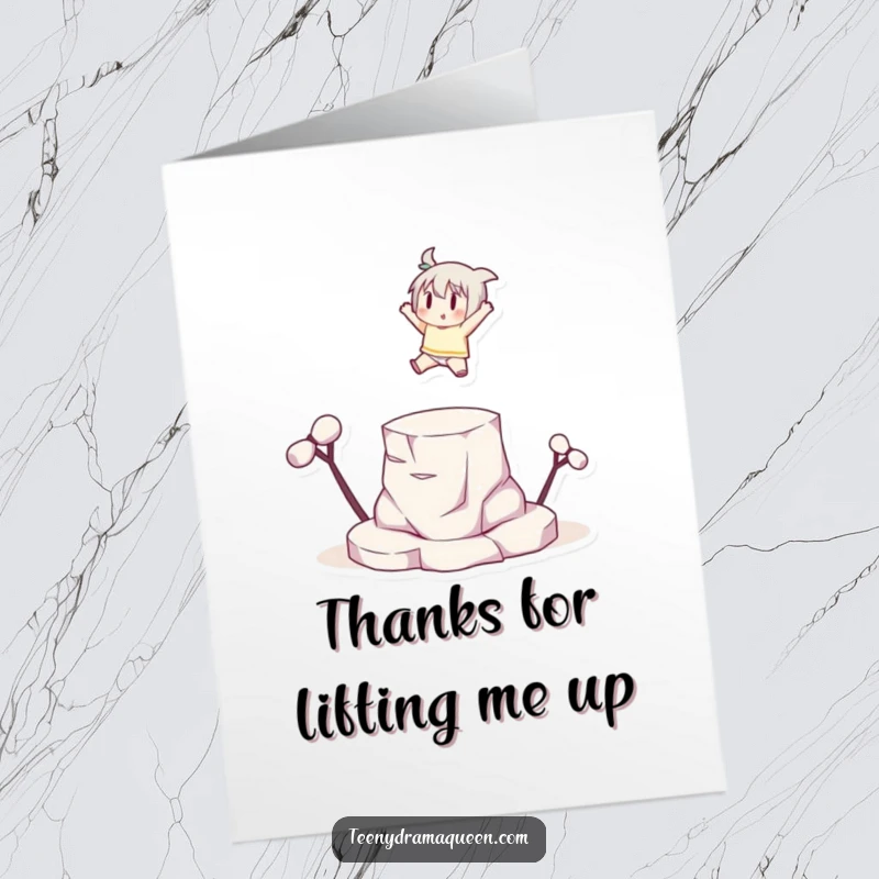 Funny Free Printable Thank You Card: Small character dramatically leaping onto an elevated platform with a stylish flourish.