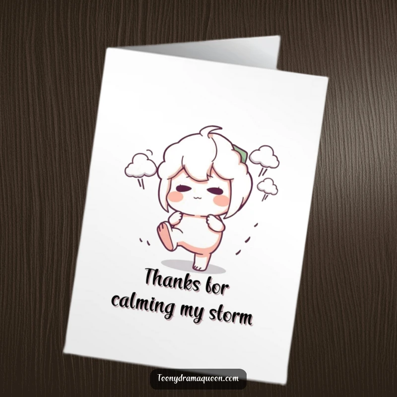Funny Free Printable Thank You Card: Character stomping foot with a pout and storm clouds, perfect for a funny downloadable thank you.
