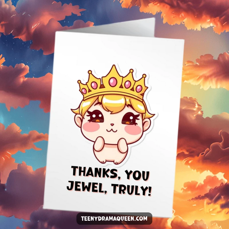 Funny Free Printable Thank You Card: Sassy crown character pouting with puffed cheeks, offering a grudging but funny thank you.