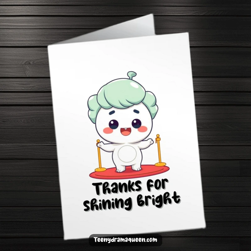 Funny Free Printable Thank You Card: Giggling character striking a glamorous pose on a red carpet, beaming.