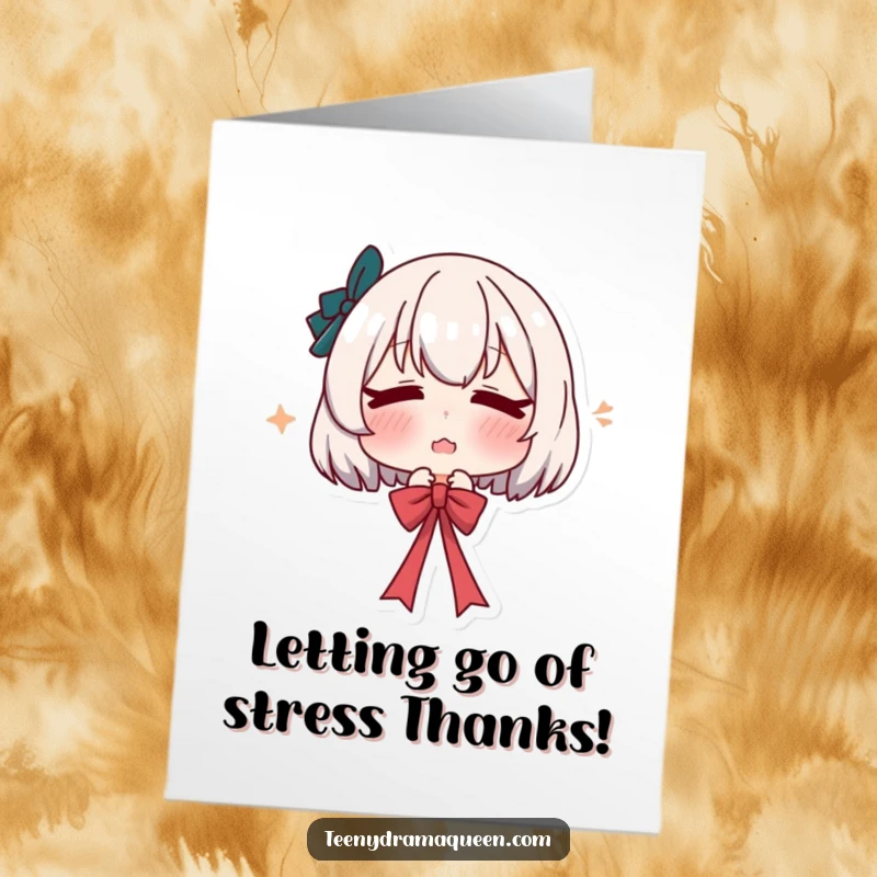 Funny Free Printable Thank You Card: Character sighs dramatically, letting go of a ribbon, humorously conveying thanks and appreciation.