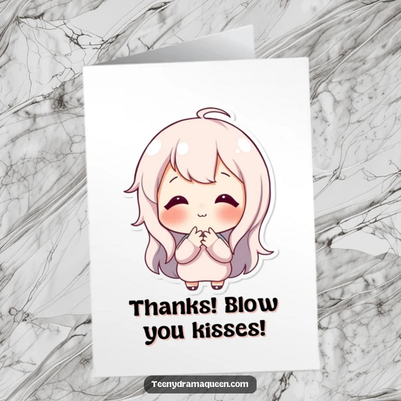 Free Printable Thank You Card: A happy character blowing a sweet, tiny kiss to convey sincere thanks and appreciation from the heart.