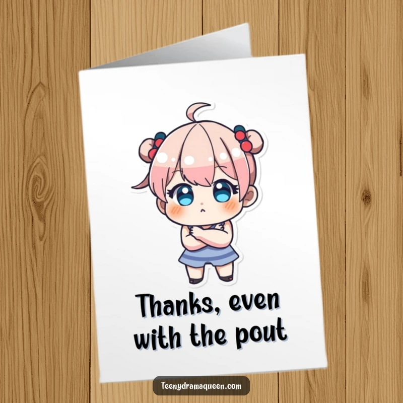 Funny Free Printable Thank You Card: A tiny character with a pout and arms crossed, delivering thanks with an amusingly grumpy attitude.