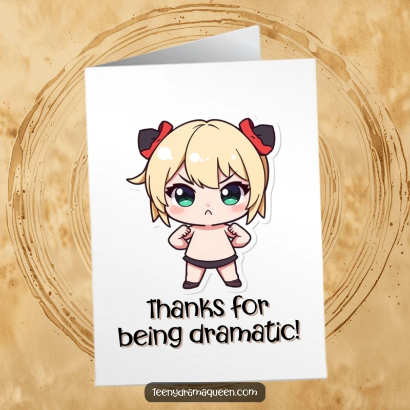 Funny Free Printable Thank You Card: A tiny character striking a dramatic pose with hands on hips and a pout, saying thanks.