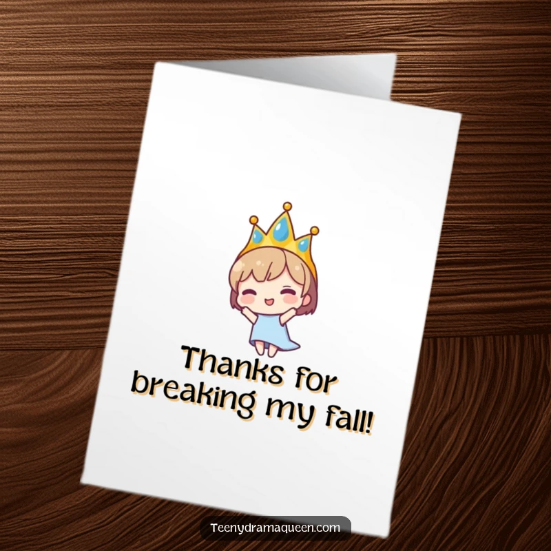 Funny Free Printable Thank You Card: A tiny, tiara-wearing character in a comically dramatic pose of falling, arms and legs askew.