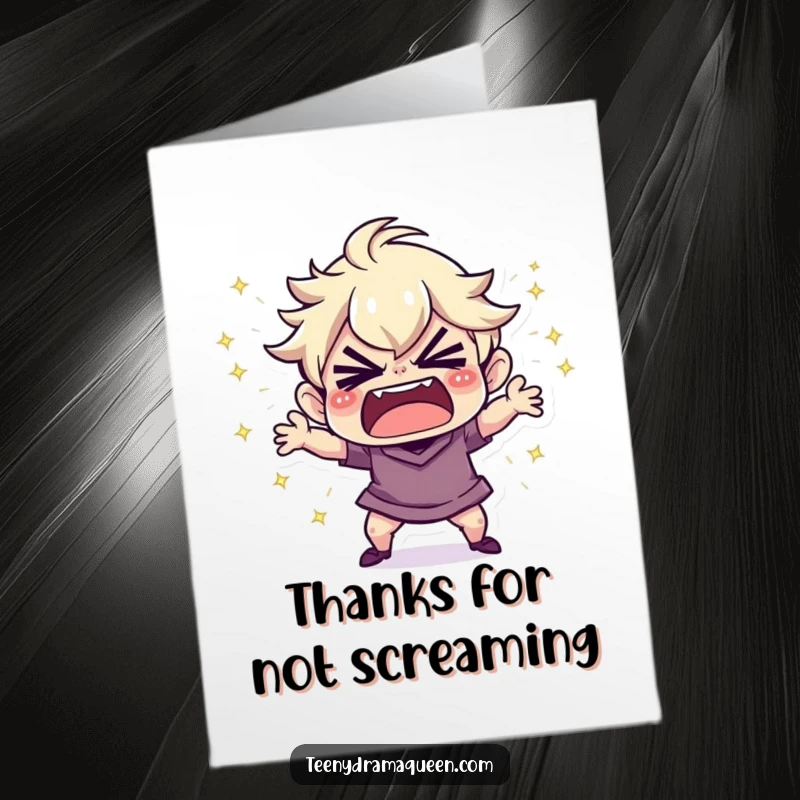 Funny Free Printable Thank You Card: Tiny character in a dramatic, sparkly tantrum. Print at home.