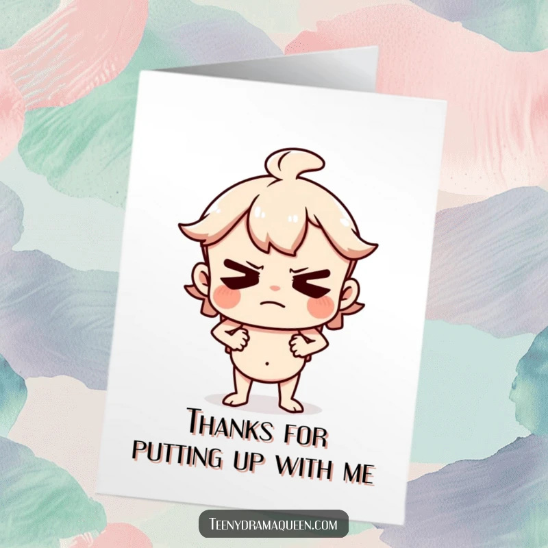 Funny Free Printable Thank You Card: Grumpy character with hands on hips, perfect for a funny downloadable thank you.