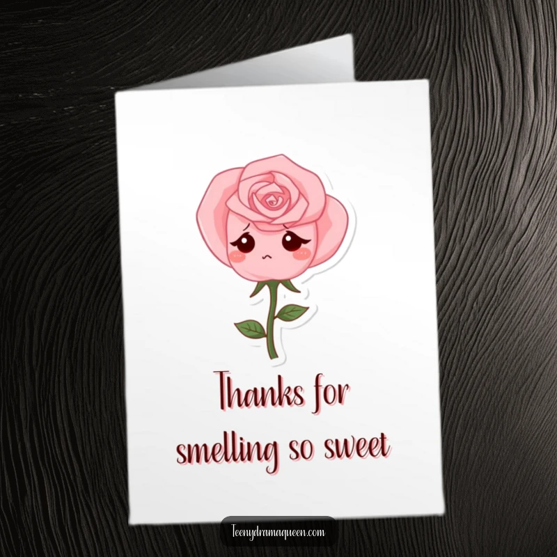 Funny Free Printable Thank You Card: A shy pink rose character with sad, droopy petals, thanking you with all its might.