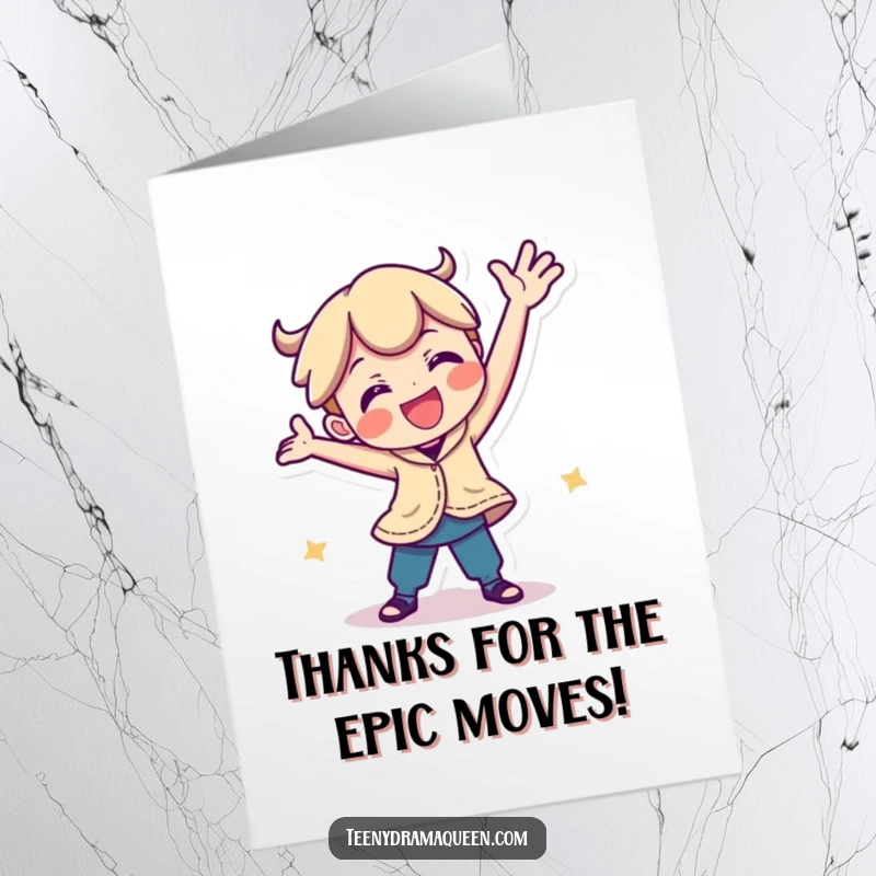 Funny Free Printable Thank You Card: A playful character doing a joyful, silly dance to express sincere gratitude and appreciation.