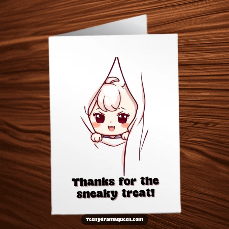 Funny Free Printable Thank You Card: A character peeks from behind a curtain with a mischievous smirk, sending thanks. Downloadable art.
