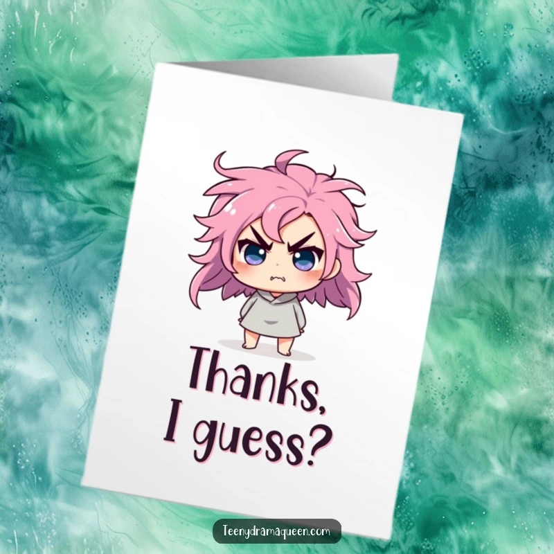 Funny Free Printable Thank You Card: Character does a dramatic hair flip, looking affronted, while saying thank you. Downloadable art.