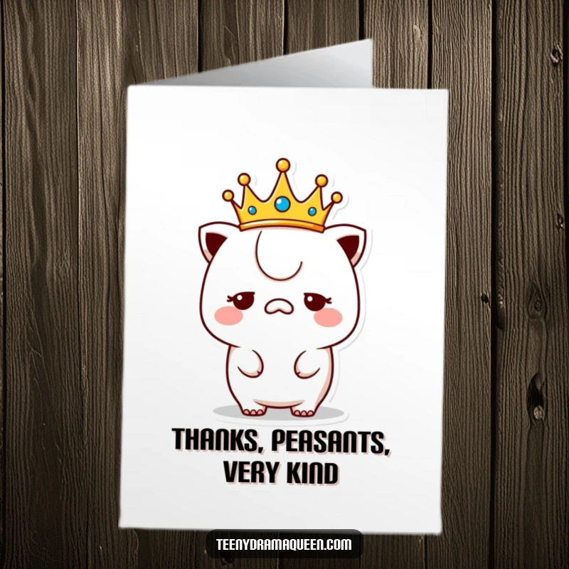 Funny Free Printable Thank You Card: Kawaii character wearing a tiny crown, looking supremely unimpressed, delivering thanks with attitude.