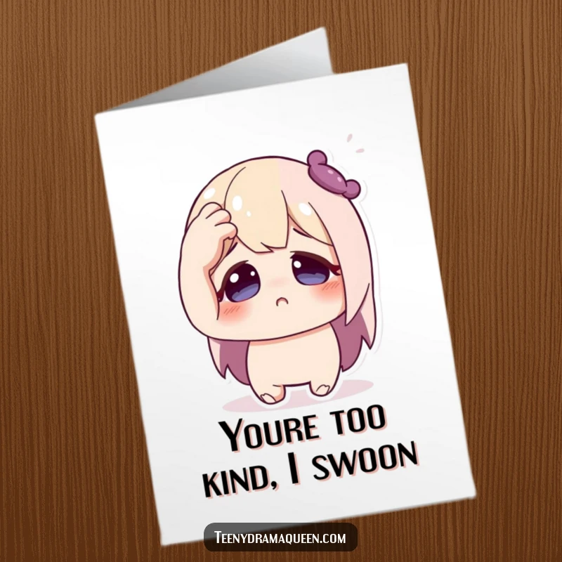 Funny Free Printable Thank You Card: Character faints dramatically with a hand to forehead, expressing extreme gratitude, downloadable gift.