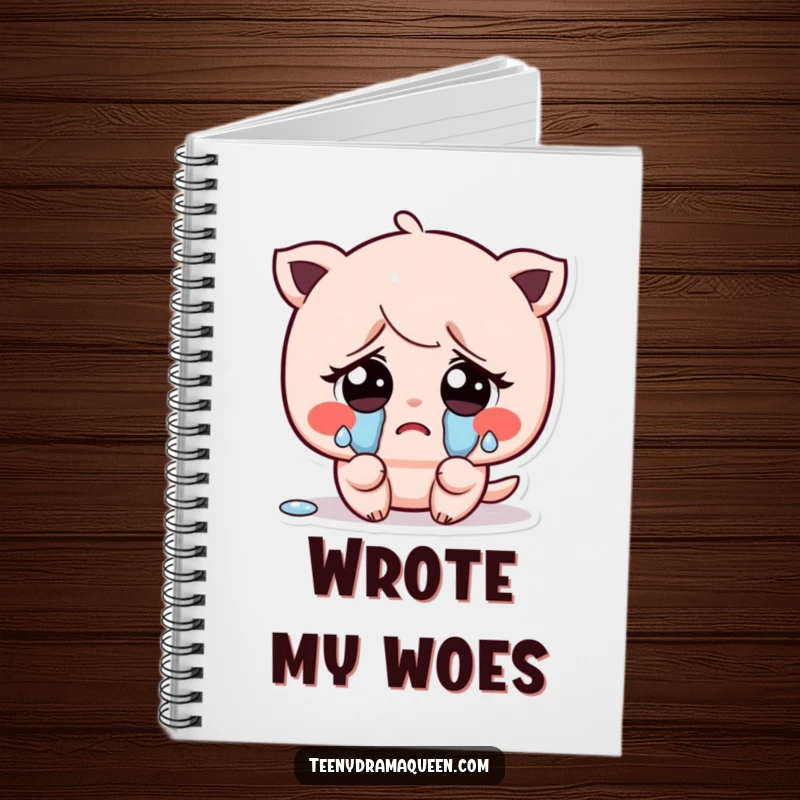 Funny notebook with a kawaii character crying tiny, exaggerated tears from big sad eyes, ideal for journaling sensitive thoughts.
