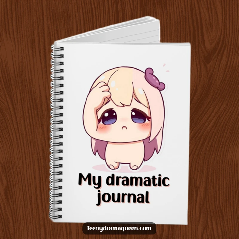Funny notebook with a cute character fainting dramatically, hand to forehead, wide eyes, perfect for note-taking and journaling.