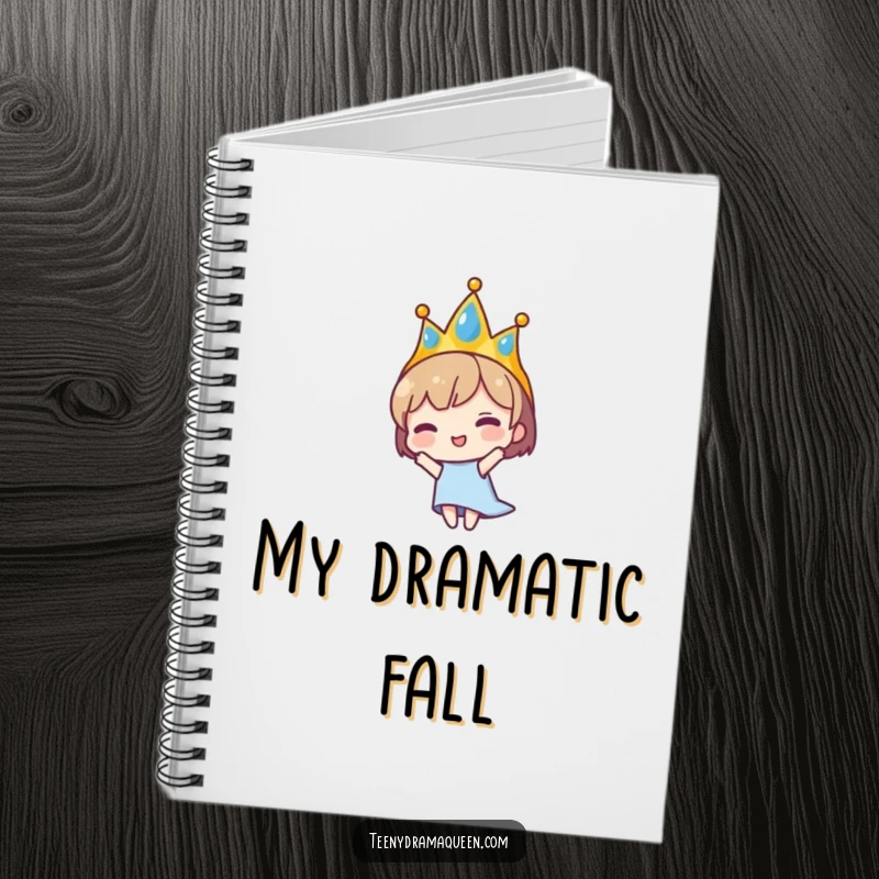 Funny notebook cover showing a tiny crowned character dramatically falling. Perfect for notes, journaling, and capturing life's theatrical moments.