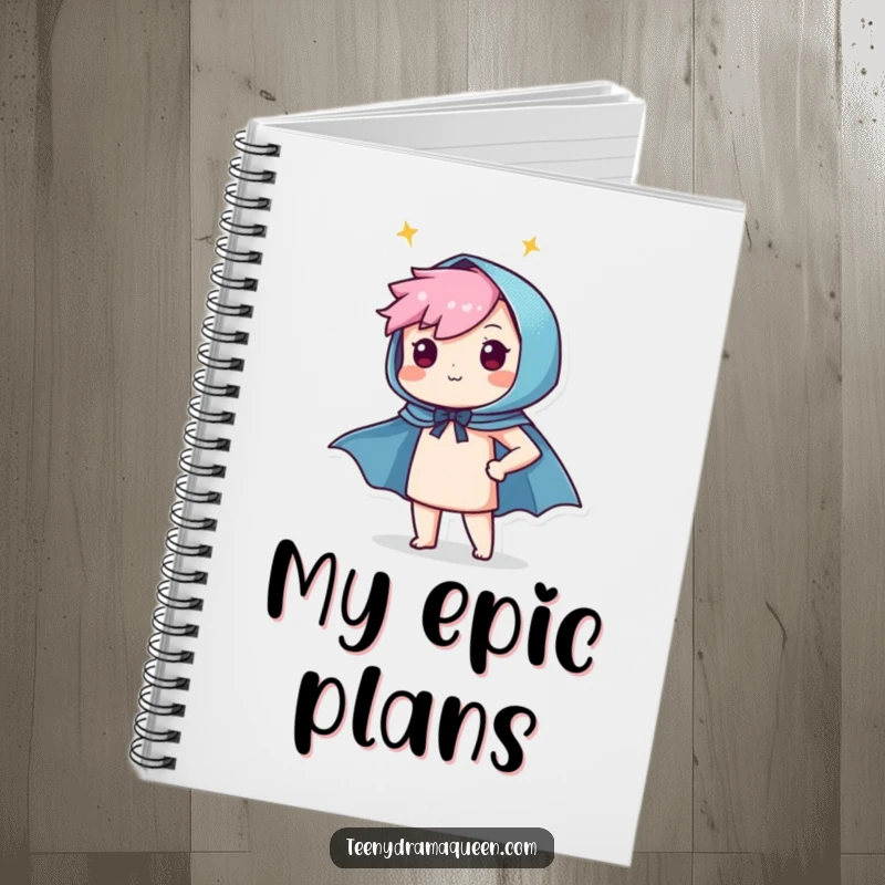 Funny notebook with a character proudly throwing on a tiny, sparkly cape, perfect for jotting down heroic plans.