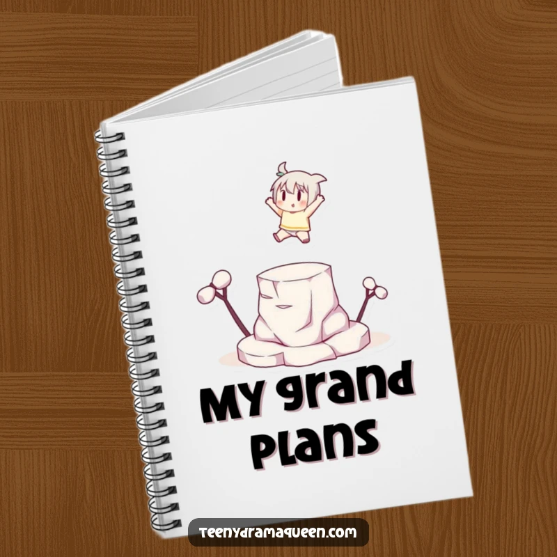 Funny small character leaping dramatically onto a tiny elevated platform with a flourish, ideal for journaling with motivational humor.