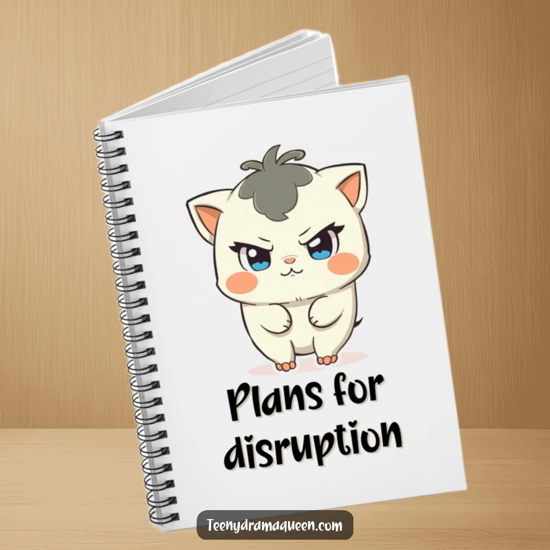 Funny notebook cover featuring a character with a mischievous glint, ready to cause a small commotion, symbolizing creative planning and humor.