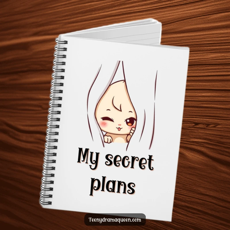 Funny notebook with a mischievous character peeking from behind a curtain, designed for jotting down ideas with a touch of playful secrecy.