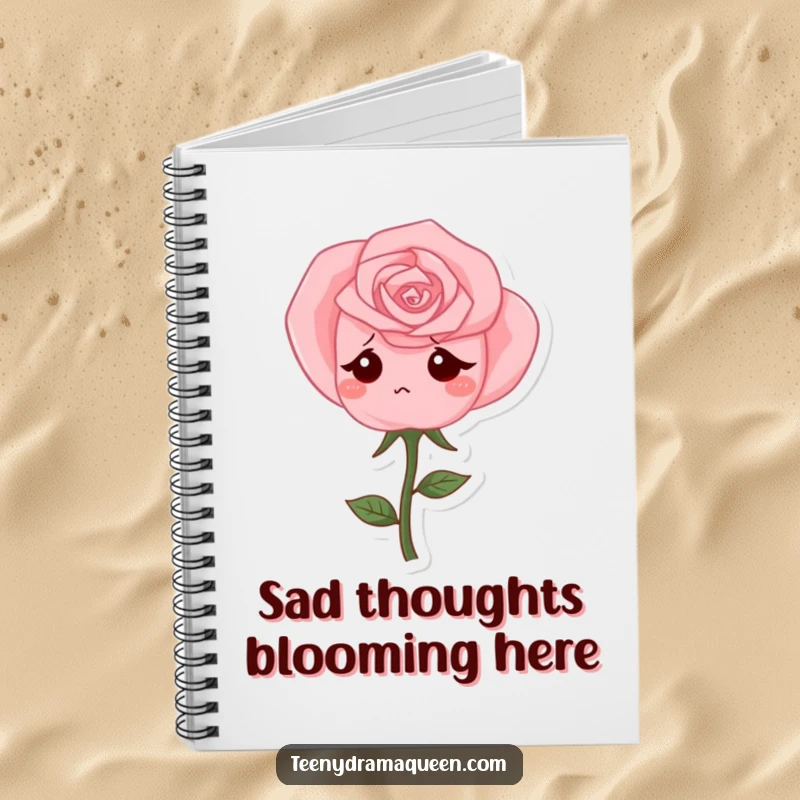 Funny Notebook with a pink rose character drooping sadly on the cover, perfect for jotting down notes with a humorous, melancholic tone.