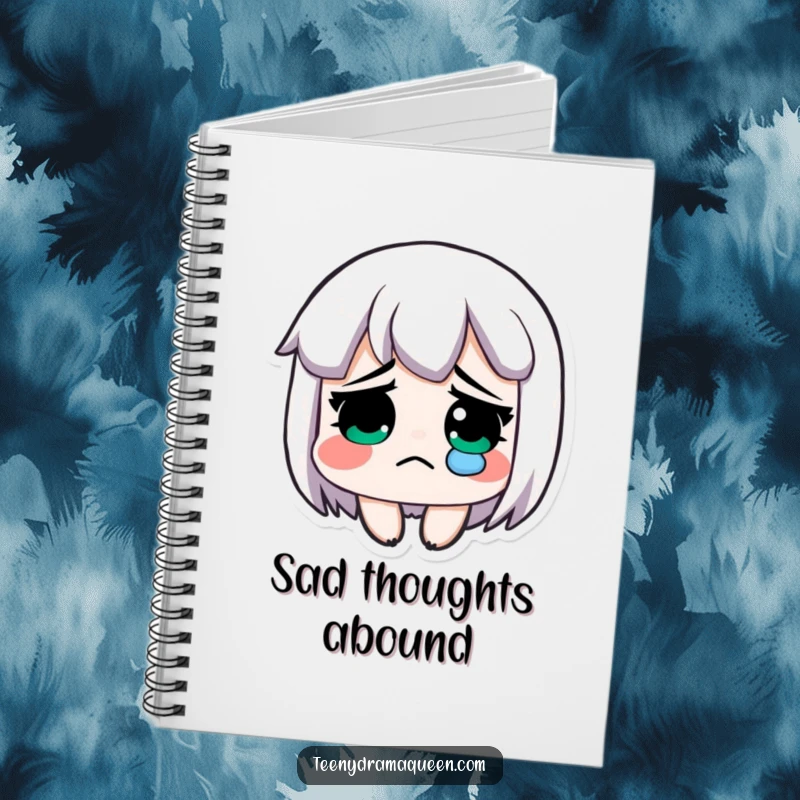 Funny notebook, an exaggeratedly sad character with a single tear, perfect for capturing thoughts.