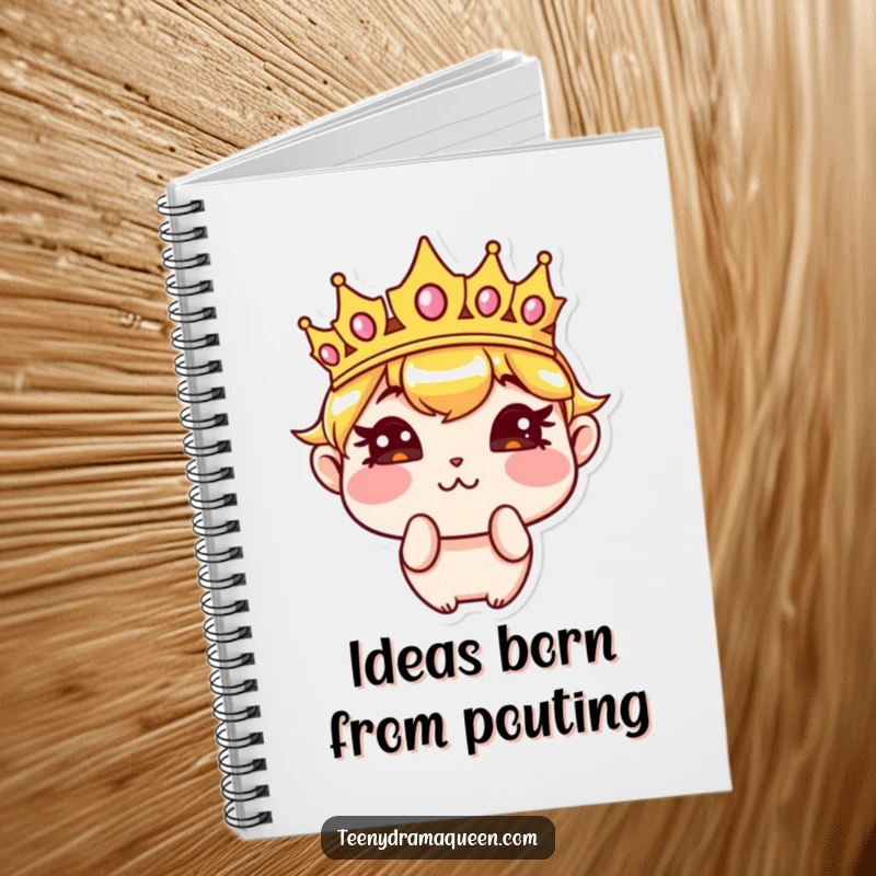 Funny notebook with a sassy crown character pouting with puffed cheeks, perfect for jotting down funny royal thoughts. Excellent funny gift.